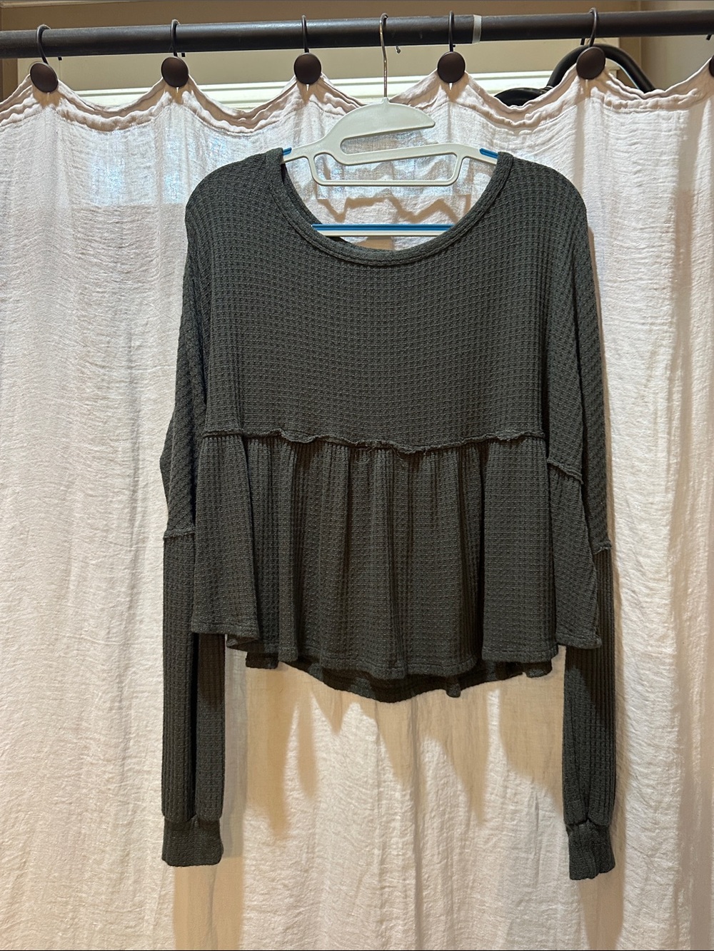 Altar'd State Dark Olive Waffle Knit Ruffle-Peplum Long Sleeve Top